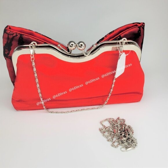 Red Satin Glitter Evening Purse With Large Bow Accent - Picture 4 of 13
